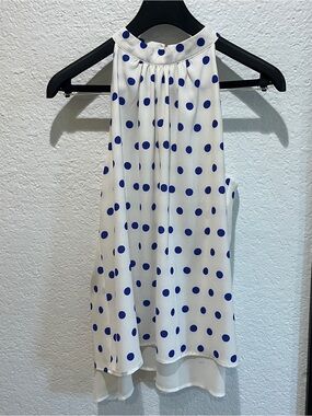 Women’s White High Neck Royal Blue Polka Dot Tank Too